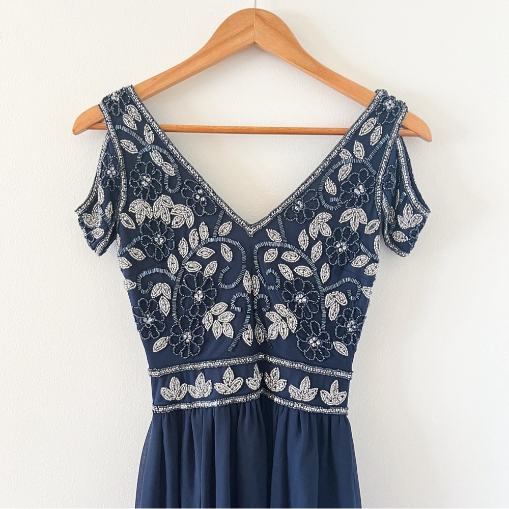 Navy beaded maxi dress (bridesmaid, wedding)